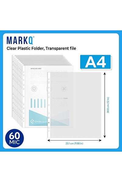 MARKQ A4 Transparent file, 100 Pcs Clear Plastic Folder Punched Pockets (60 mic)