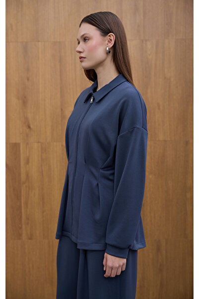 Birgül Bektaş Navy Blue Glow Pile Detailed Zippered Sweatshirt