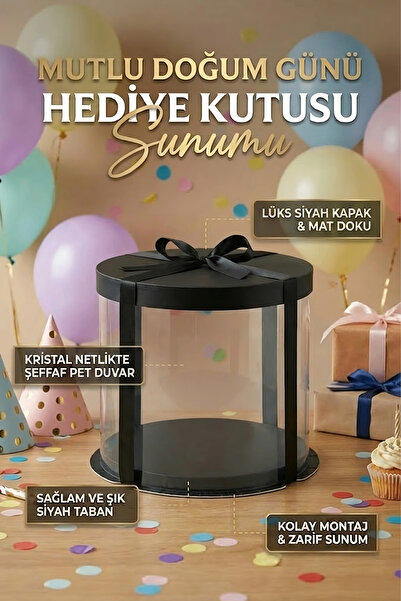 Alvenya Silindir Siyah Doğum Günü İçin Şeffaf Hediye Kutusu – Lüks Sunum Kutu...