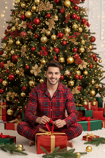 ELİTOL Red Plaid Pattern Suede Buttoned Men's Pajama Set
