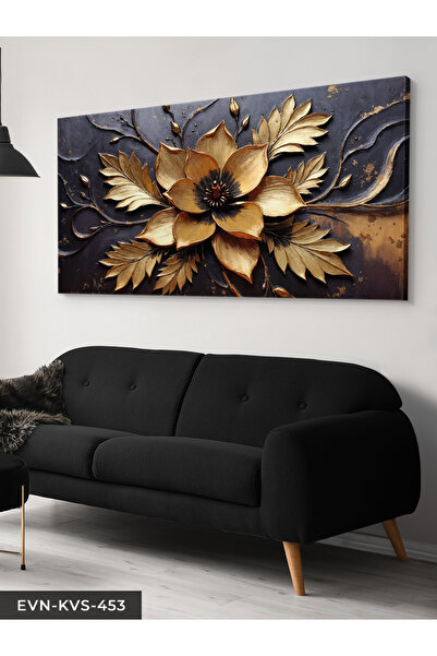 Evinemoda Gold Çiçek Tek Parça Kanvas - Canvas Tablo