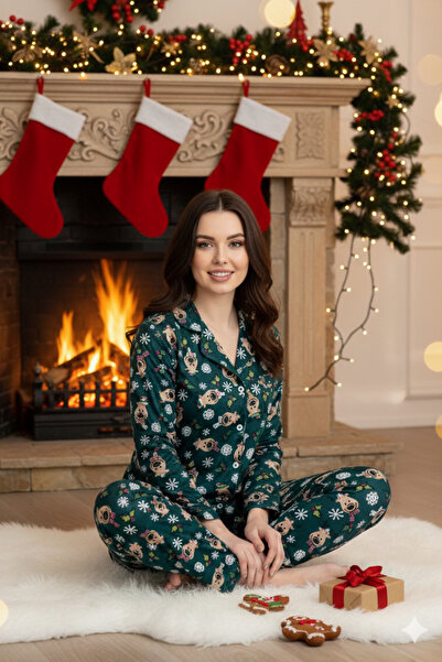 ELİTOL Suede Christmas Themed Buttoned Women's Pajama Set