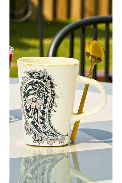 Home Meloria Ceramic Embossed Patterned Mug with Spoon 280 ml