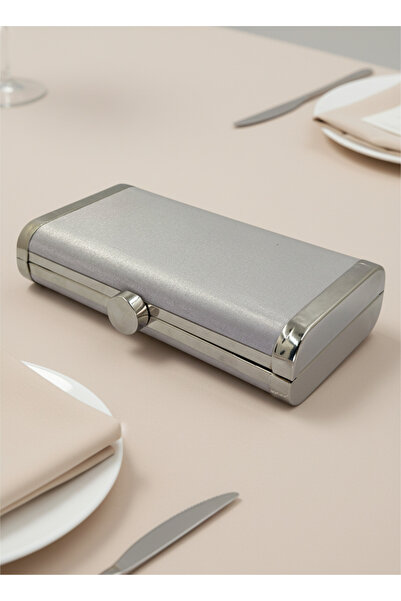 Biçanta Silver Gray Complete Metal Frame and Crystal Embroidered Glitter Satin Evening Dress Bag Wedding Engagement Graduation