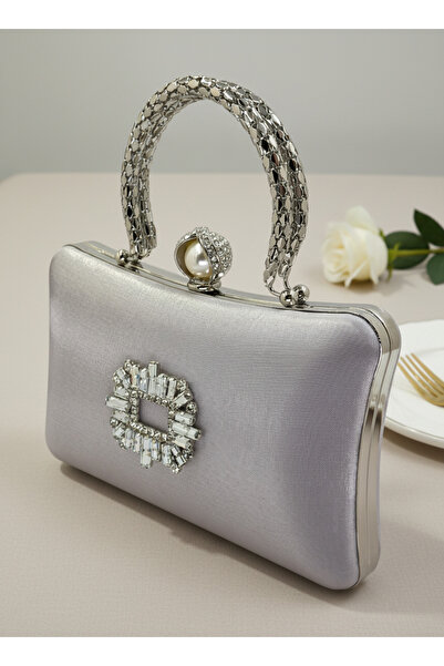 Biçanta Silver Grey Pearl and Crystal Embroidered Glitter Satin Evening Dress Bag Wedding Engagement Graduation