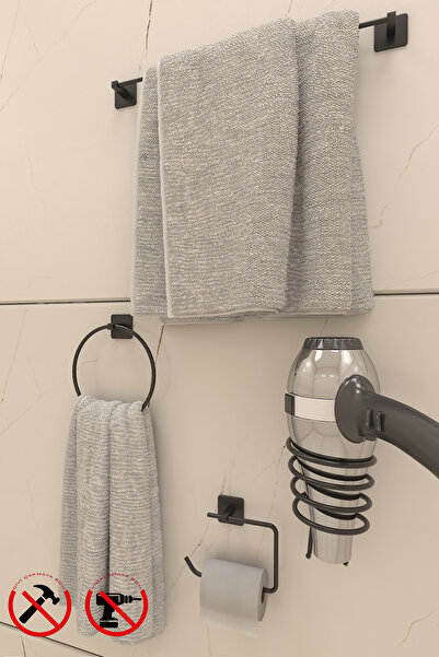 vixena Siyah Yapışkanlı Banyo Aksesuar Seti Havluluk Tuvalet Kağıtlık Fönlük ...