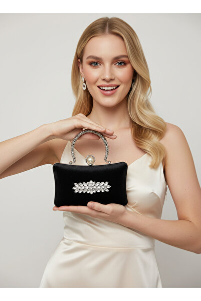 Biçanta Black Pearl and Crystal Embroidered Glitter Satin Evening Dress Bag W...