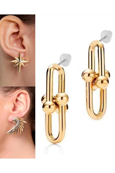 İlraysa 3’lü Kombin Set: Gold Kuzey Yıldızı ve Kanat Küpe | Tiffany Küpe | Tr...