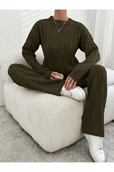 Miss Poem Women's Winter Long Basic Top and Bottom Khaki Knitwear Set