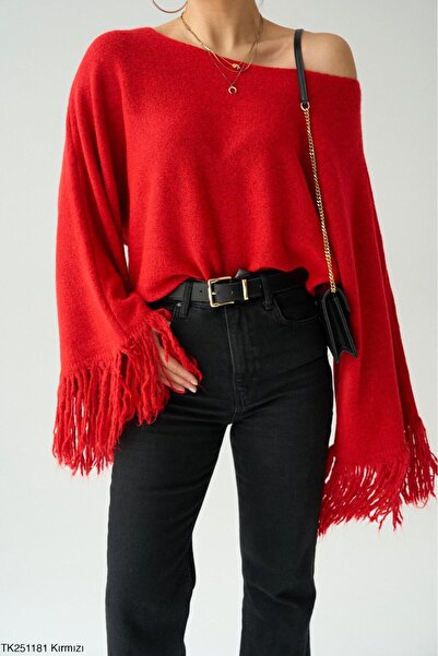 CADDELAMODA Women's Tassel Sleeve Boat Neck Sweater