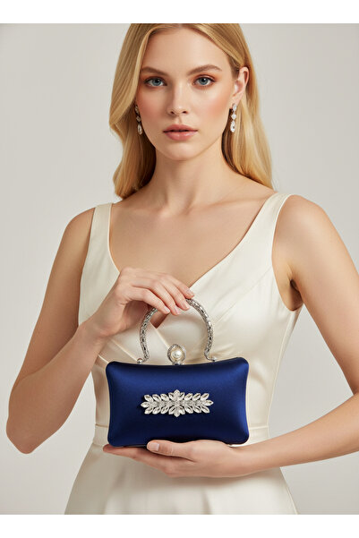 Biçanta Navy Blue Pearl and Crystal Embroidered Glitter Satin Evening Dress B...