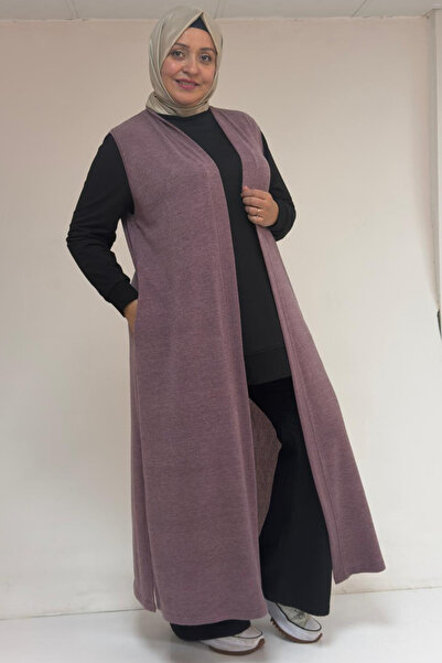 Eslina 54015 Plus Size Slit Pocket Long Mir Vest - Dusty Rose