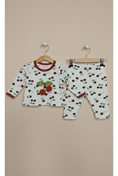 GİRL EMELY Baby Girl Mobile Cherry and Fabric Printed Combed Cotton Bottom Top Set