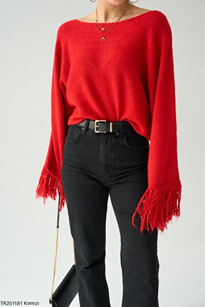 CADDELAMODA Women's Tassel Sleeve Boat Neck Sweater