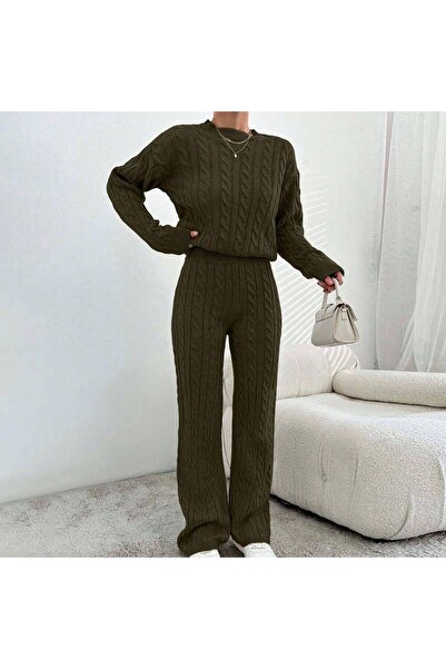 Miss Poem Women's Winter Long Basic Top and Bottom Khaki Knitwear Set