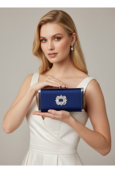 Biçanta Navy Blue Full Metal Frame and Crystal Embroidered Glitter Satin Even...