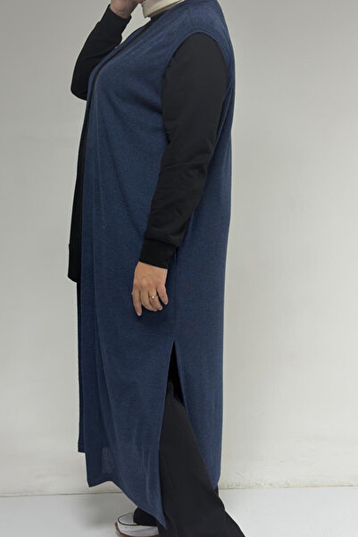 Eslina 54015 Plus Size Slit Pocket Long Mir Vest - Indigo