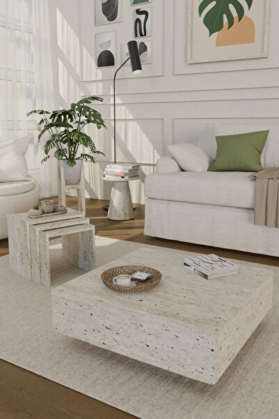 Estoria Home Terra Traverten 3'lü Zigon Sehpa ve Kare Orta Sehpa Takımı Bohem...
