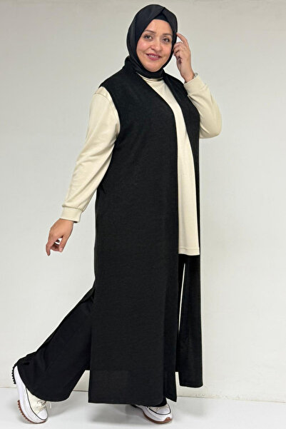 Eslina 54015 Plus Size Slit Pocket Long Mir Vest - Black
