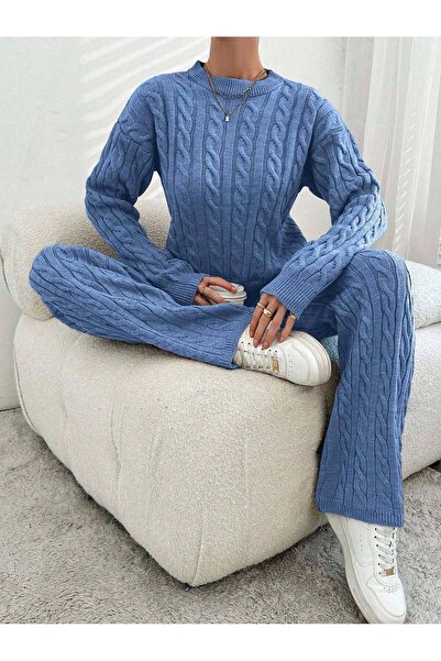 Miss Poem Women's Winter Long Basic Top and Bottom Light Blue Knitwear Set
