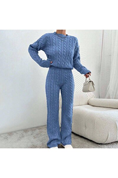 Miss Poem Women's Winter Long Basic Top and Bottom Light Blue Knitwear Set