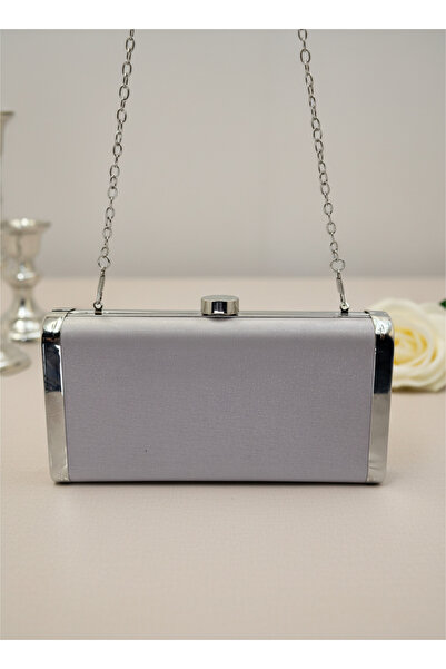 Biçanta Silver Gray Complete Metal Frame and Crystal Embroidered Glitter Satin Evening Dress Bag Wedding Engagement Graduation