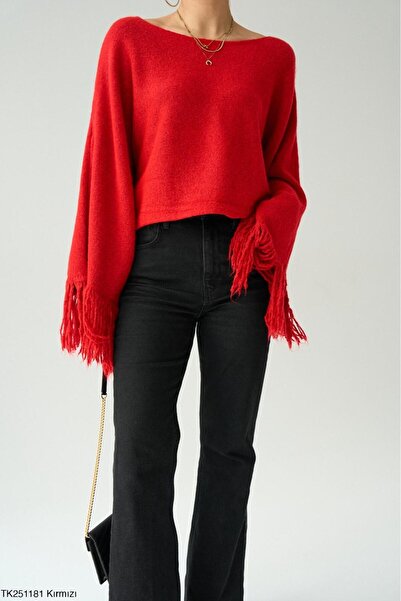 CADDELAMODA Women's Tassel Sleeve Boat Neck Sweater