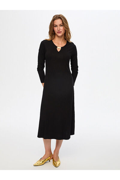 Faik Sönmez Yakası Metal Aksesuarlı Örme Kaşkorse Elbise W26ELB028