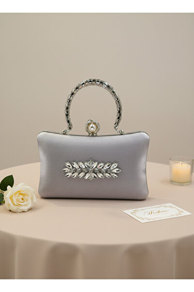 Biçanta Silver Grey Pearl and Crystal Embroidered Glitter Satin Evening Dress Bag Wedding Engagement Graduation