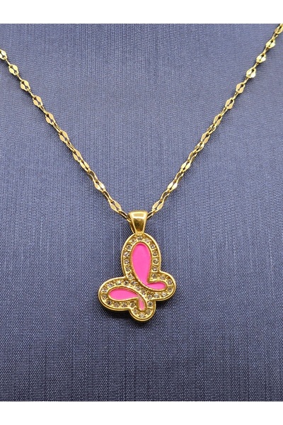 Mosso Steel Butterfly Model Pink - Gold Color Steel Necklace