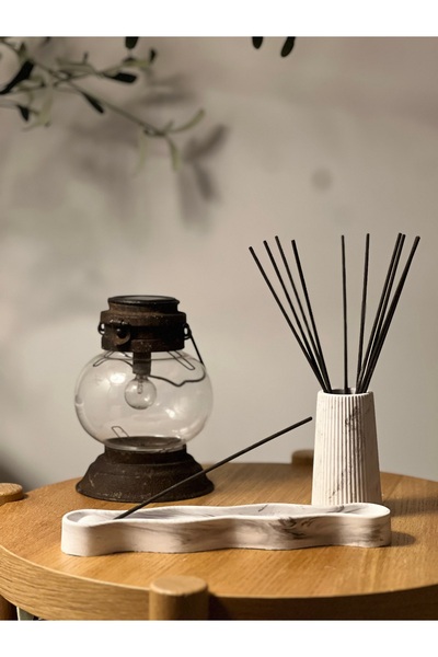 Otantik Dekoratif Mermer Desenli Relax Tütsülük ve Vazo Seti