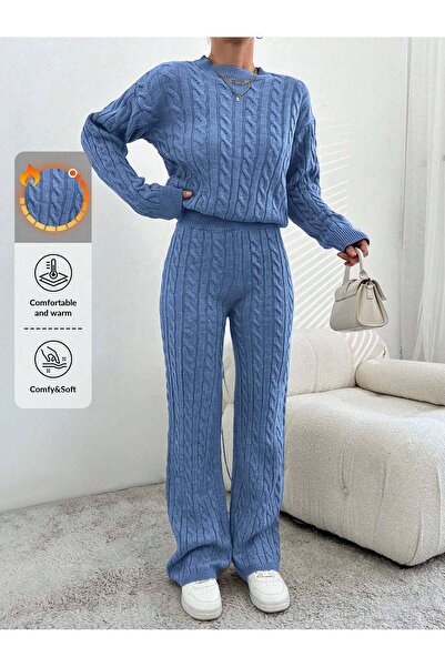 Miss Poem Women's Winter Long Basic Top and Bottom Light Blue Knitwear Set