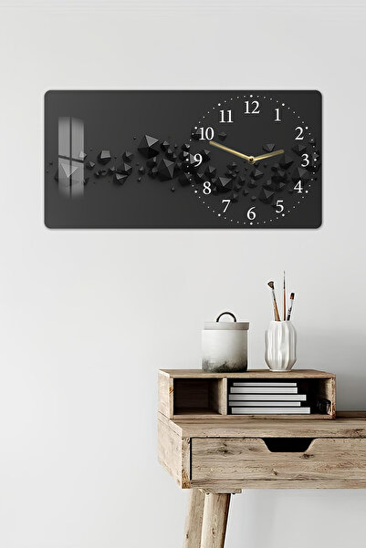 kutuTR 3D Görünümlü 2D UV Baskı Yatay Temperli Cam Saat Tablo 60x30 Cm – Geometrik Kristal Parça -YSG022