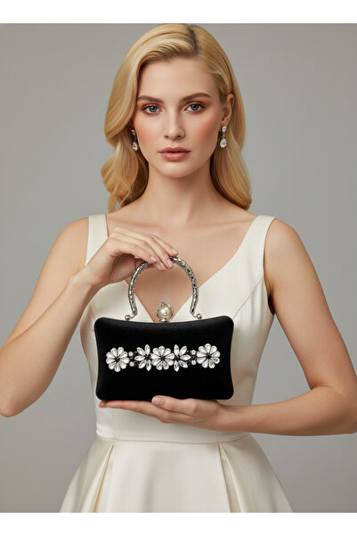 Biçanta Black Pearl and Crystal Embroidered Glitter Satin Evening Dress Bag W...