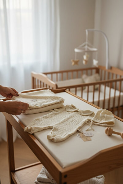 THELAKIDS 4 Kat Müslin Kumaş Bebe Yaka Detaylı Yeni Doğan Tulum Bonet Şapka &...