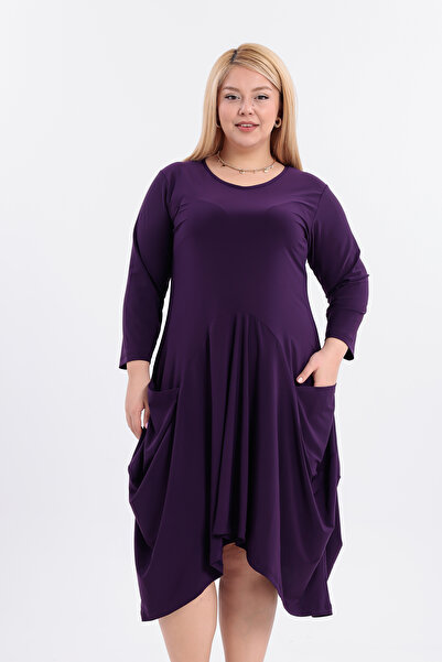 HELVEYS Modern Asymmetrical Cut Long Sleeve Crew Neck Dress with Pockets 5030