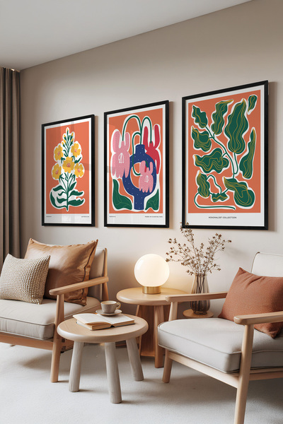 Zestia Set de 3 tablouri cu ramă neagră, ilustrație florală boho portocalie –...