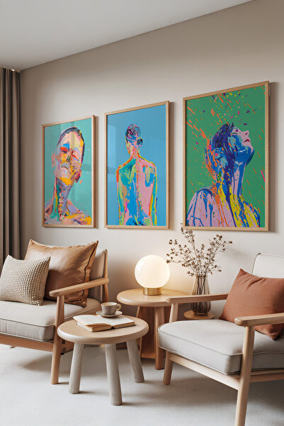 Zestia Set de 3 tablouri cu rame din lemn, Emoție Cromatică – Set de figuri u...