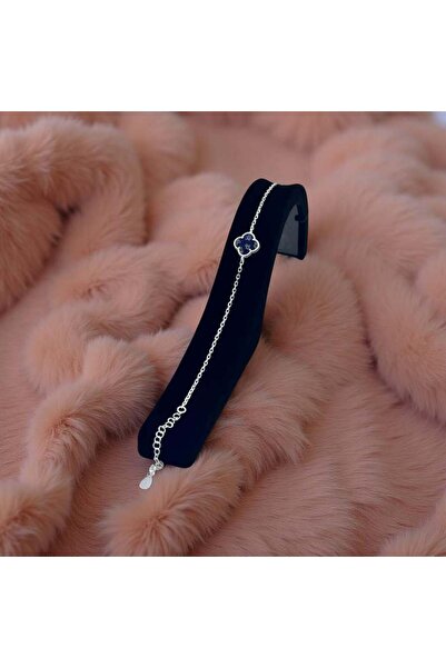 ZEY 925 Ayar Gümüş Lacivert Tekli Yonca Şans Hediyelik Kadın/Erkek Bilekliği