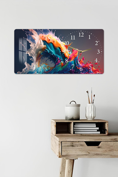 kutuTR 3D Görünümlü 2D UV Baskı Yatay Temperli Cam Saat Tablo – Renkli Sıvı Dalgası – 60x30 cm-YSG024