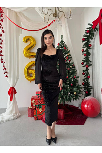 Afiş Butik Black Women's Shiny Midi Velvet Dress with Transparent Sleeves