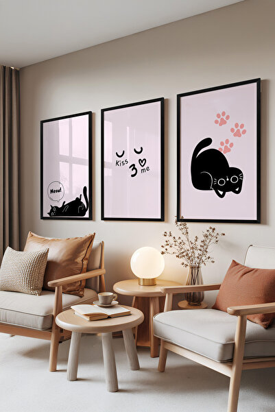 Zestia Set de 3 tablouri cu ramă neagră, ilustrație cu pisică adorabilă – ton...