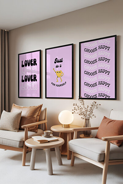 Zestia Set de 3 tablouri cu ramă neagră, Happy Vibes – Tipografie roz, Set pe...