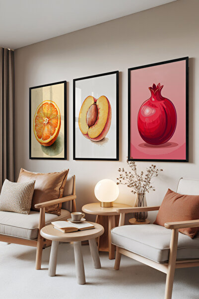 Zestia Set de 3 tablouri cu ramă neagră, ilustrație cu fructe – tonuri vii, s...