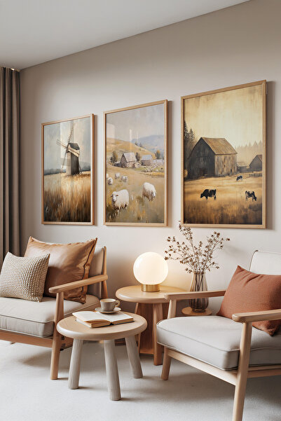 Zestia Set de picturi din 3 piese cu rame din lemn, Viața la țară – Peisaj ru...