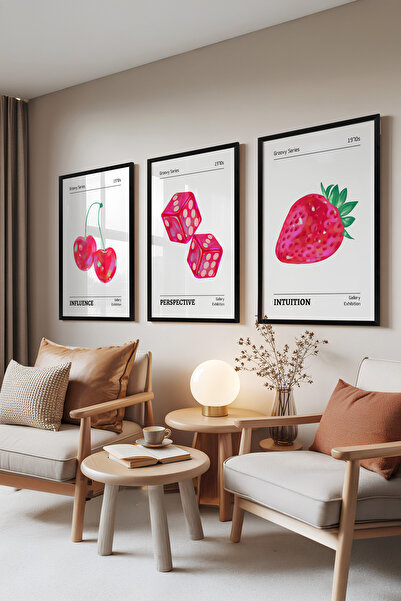 Zestia Set de 3 tablouri cu ramă neagră, Retro Groovy Fruit – Set pentru came...