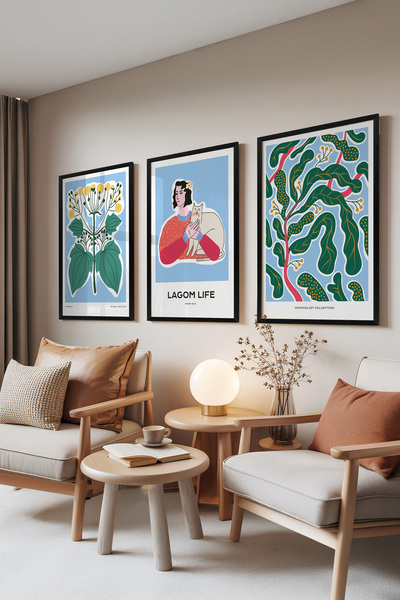 Zestia Set de 3 tablouri cu ramă neagră, flori și portrete nordice – Set pent...