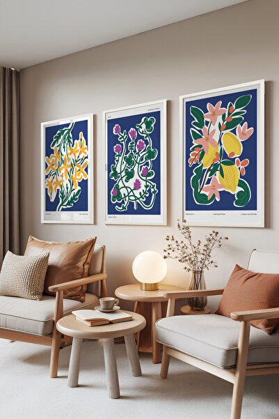 Zestia Set de 3 tablouri cu ramă albă, ilustrație botanică modernă – Set pent...