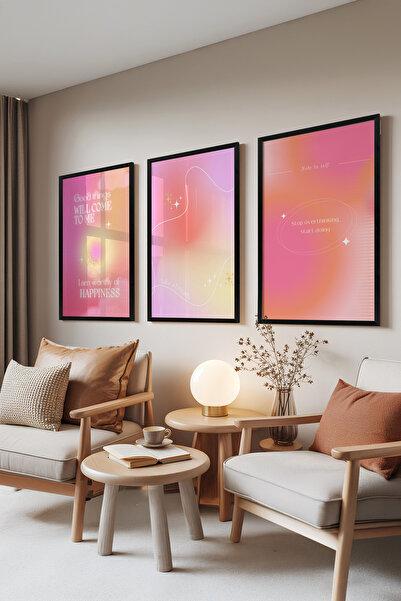 Zestia Set de 3 tablouri cu ramă neagră, tipografie pastel – tonuri de roz, s...