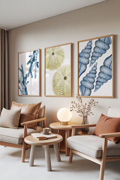 Zestia Set de picturi din 3 piese cu ramă din lemn, Colecția Marine – Albastr...